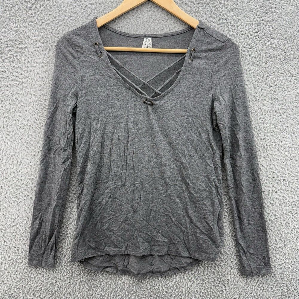 Mudd Womens XS Gray‎ T-Shirt Top Tee Relaxed Long Sleeve Scoop Neck Tassled